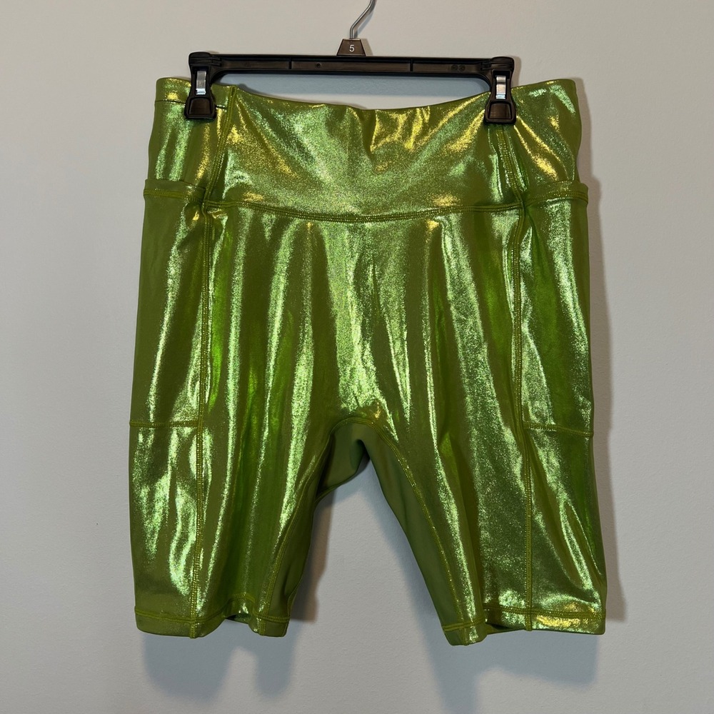 Crowned Athletics Kim Probable Metallic Green Biker Shorts Pockets XXL NWT